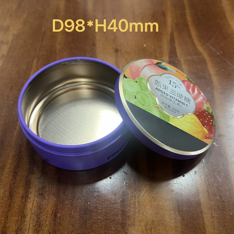 Scatola di latta rotonda per caramelle D98*H40mm Contenitore in metallo di banda stagnata per uso alimentare per confezioni regalo di caramelle dure alla vitamina C*
